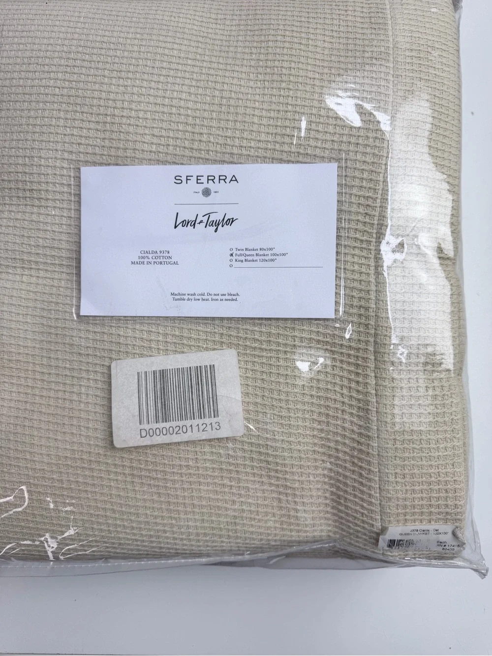SFERRA Cialda 9378 Waffle Weave Cotton Blanket in Oat Full/Queen 100x100 NWT